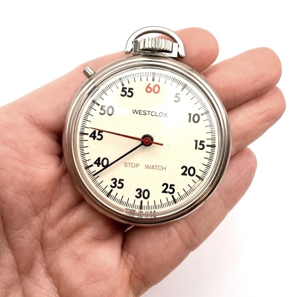Vintage WESTCLOX Stop Watch Pocket Manual Wind Up White Dial Silver Tone Works!